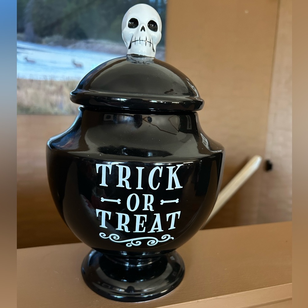Trick or Treat Cookie Jar Hyde and Eek Target Black Ceramic Halloween Skull NEW